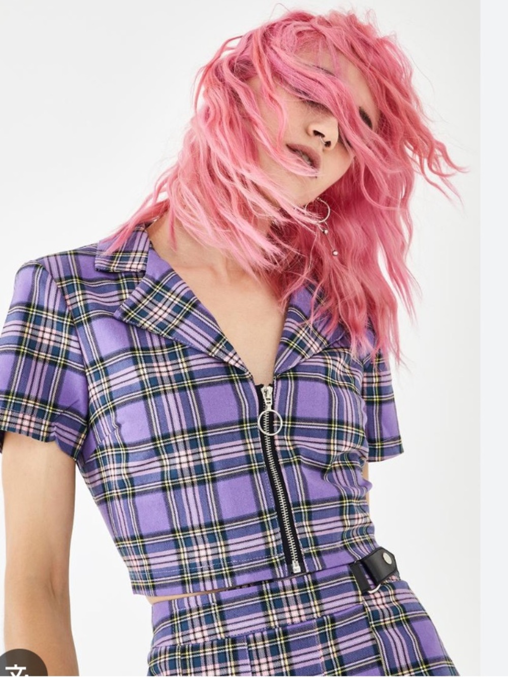 Current Mood Purple Plaid Zip-Front Cropped Top